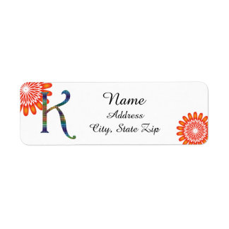Floral Bright Oranje Letter K Mosaic Monogram Etiket