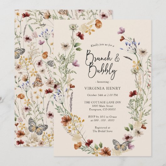 Floral Brunch en Bubble Invitation Kaart (Voorkant / Achterkant)