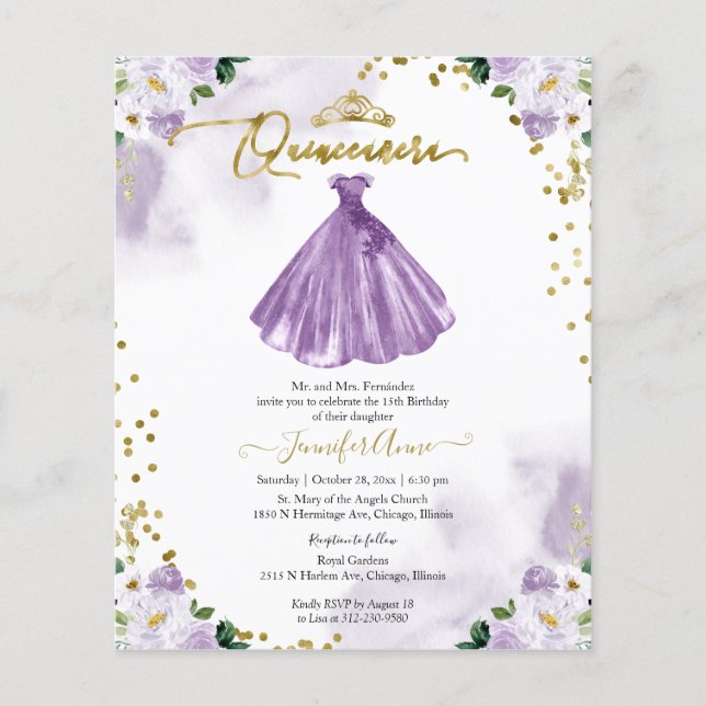Floral Budget Quinceanera Uitnodiging Bilingual (Voorkant)