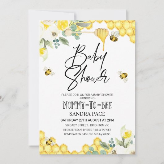 Floral Bumble Bee Thereed Baby shower Invitation Kaart (Voorkant)
