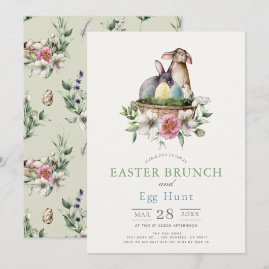 Floral Bunnies Brunch & Egg Hunt Invitation Kaart (Voorkant / Achterkant)