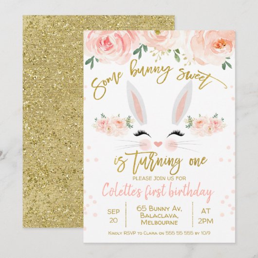 Floral bunny 1e verjaardag uitnodiging (Voorkant / Achterkant)