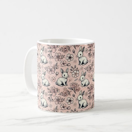 Floral Bunny Doodle Mok – Schattig & esthetisch (Voorkant links)