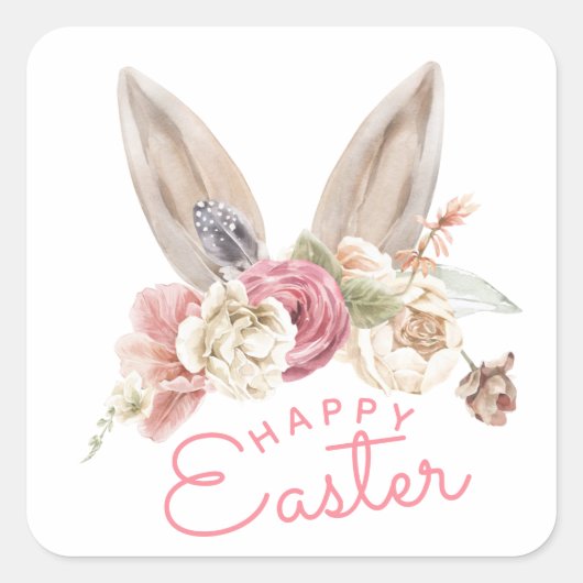 Floral Bunny Ears | Vrolijk Pasen Vierkante Sticker (Voorkant)