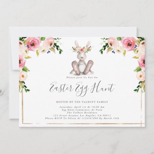 Floral Bunny Easter Egg Hunt Invitation Kaart (Voorkant)