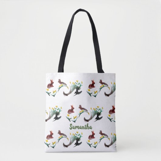 Floral Bunny Rabbits Pattern Personalized Draagtas (Voorkant)