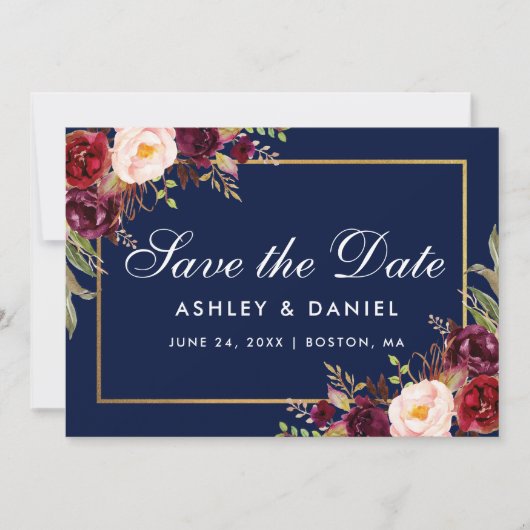 Floral Burgundy Blue Gold redt de datum Save The Date (Voorkant)