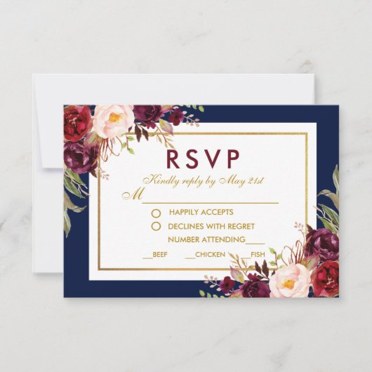 Floral Burgundy Blue Gold Wedding RSVP (Devant)
