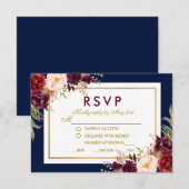 Floral Burgundy Blue Gold Wedding RSVP (Devant / Derrière)