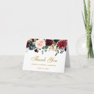 Floral Burgundy Blue Mariage Gold Merci carte de n