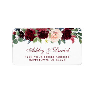 Floral Burgundy Blue Wedding Address Etiket