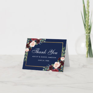Floral Burgundy Blue Wedding Bedankt Note Kaart