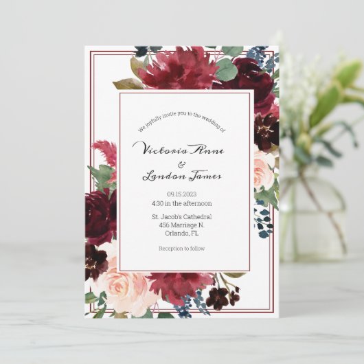 Floral Burgundy Blush Elegant Script Weddenschap Kaart (Staand voorkant)