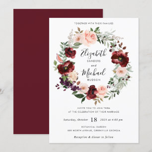 Floral Burgundy Blush Greenery Wreath Invitation Kaart