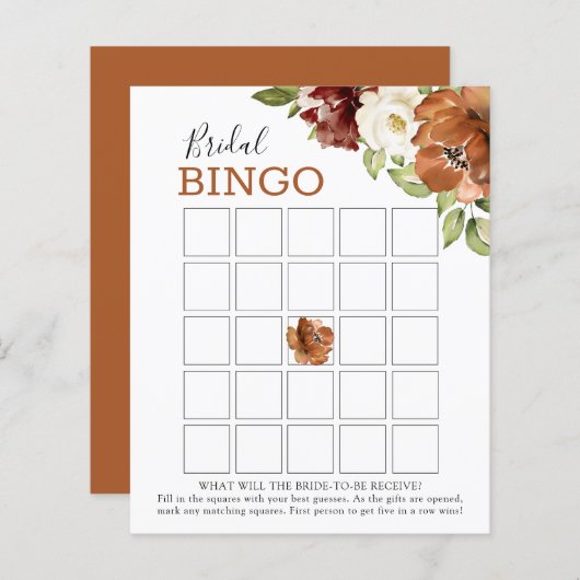 Floral Burgundy Dark Oranje Bridal Bingo Game Kaar (Voorkant / Achterkant)