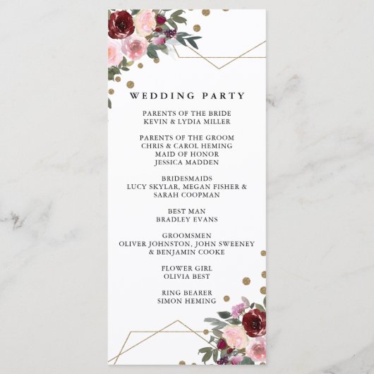 Floral Burgundy Gold Glitter Geometric Wedding Programma (Achterkant)