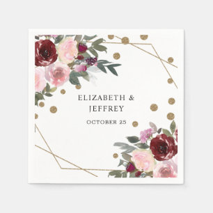 Floral Burgundy Gold Glitter Geometric Wedding Servet