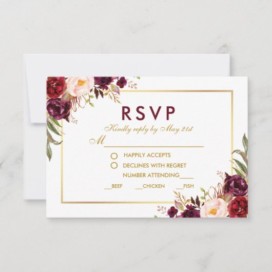 Floral Burgundy Gold Mariage Repas RSVP B (Devant)