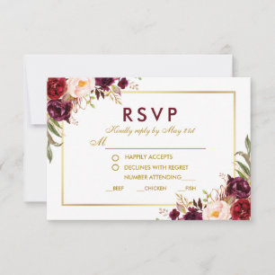 Floral Burgundy Gold Mariage Repas RSVP B