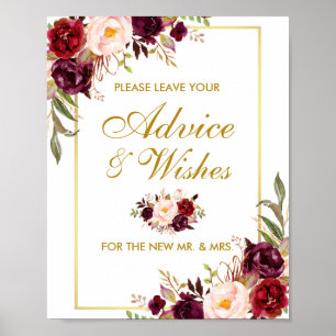 Floral Burgundy Gold Wedding Advice en Wishes Poster