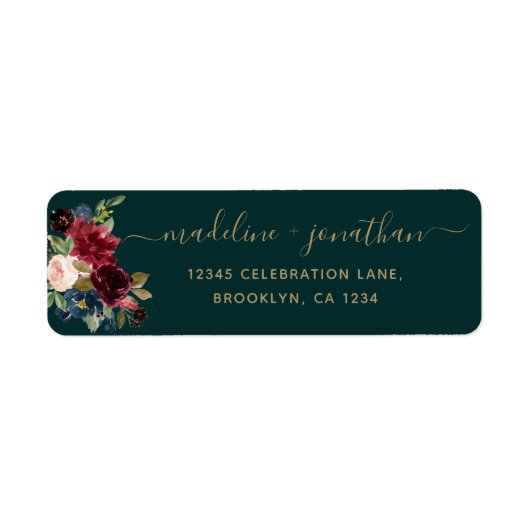 Floral Burgundy Navy Blue Emerald Gold Script Etiket (Voorkant)