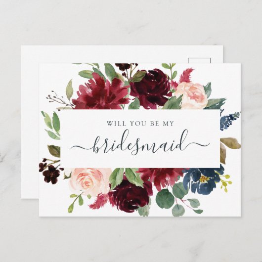 Floral Burgundy Navy Bouquet... Feestdagenkaart (Voorkant / Achterkant)