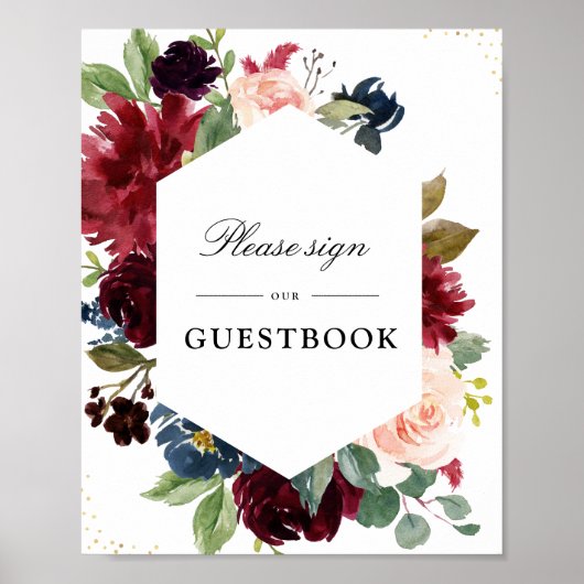 Floral Burgundy & Navy-bruintekenbord Poster (Voorkant)