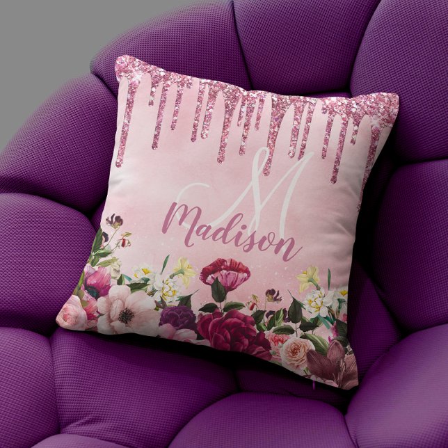 Floral Burgundy roze druppelend glitter monogram Kussen (Creator heeft geüpload)