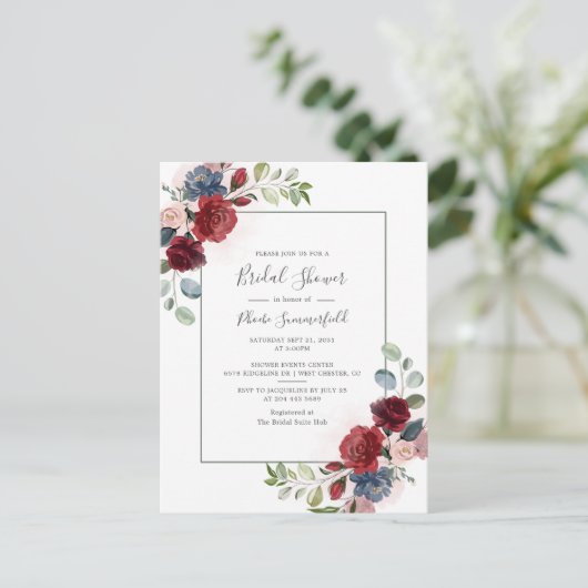 Floral Burgundy Script Eucalyptus Vrijgezellenfees Uitnodiging Briefkaart (Staand voorkant)