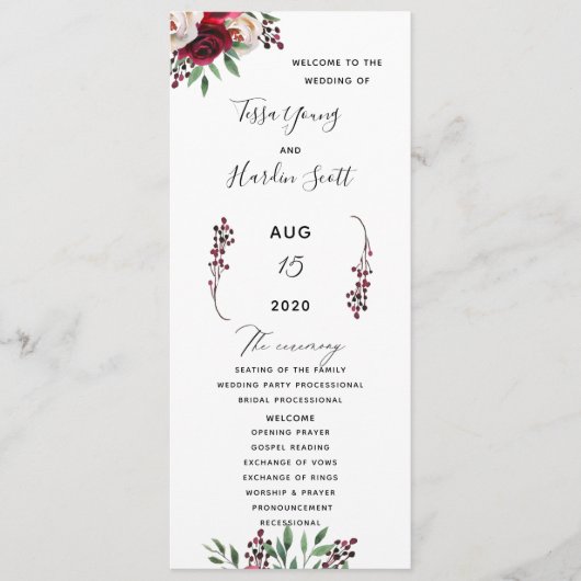 Floral Burgundy Wedding Flat Program Programma (Voorkant)