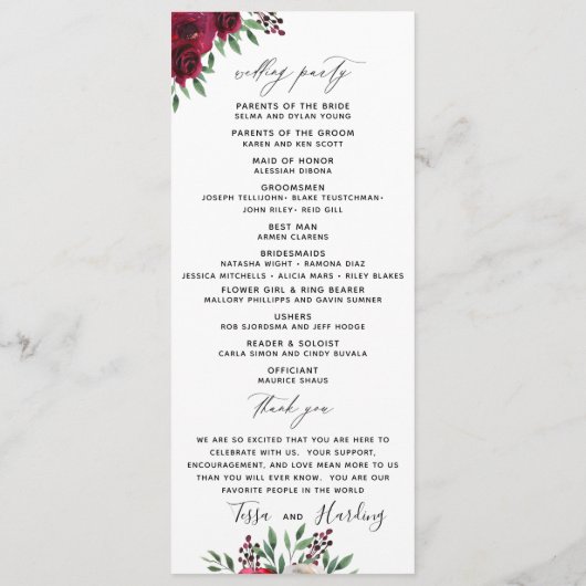 Floral Burgundy Wedding Flat Program Programma (Achterkant)