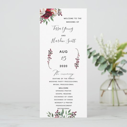 Floral Burgundy Wedding Flat Program Programma (Staand voorkant)
