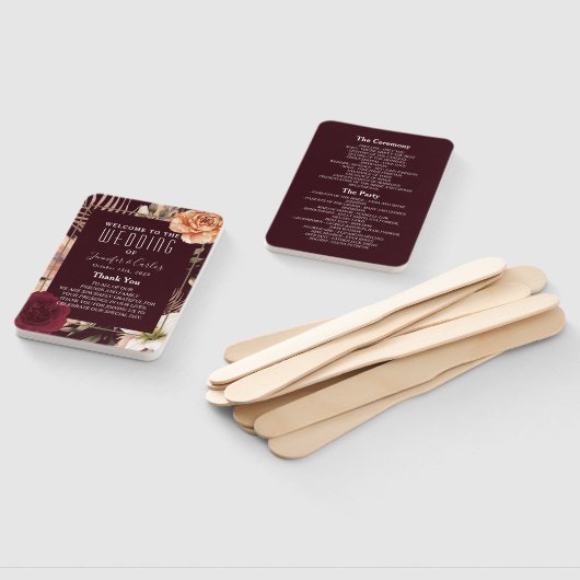 Floral Burgundy Wedding Programme Hand Fan Handwaaier (Niet-gemonteerd)