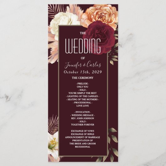 Floral Burgundy Wedding Programme Programma (Voorkant)