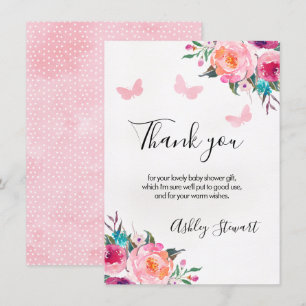 Floral Butterflies Baby shower Bedankt Card Girl Kaart