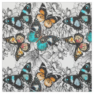 Floral Butterflies kleurig schetspatroon Stof