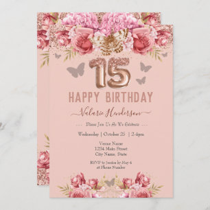 Floral Butterflies Pink Happy 15th Birthday Invita Kaart