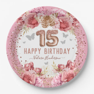Floral Butterflies Pink Happy 15th Birthday Papieren Bordje
