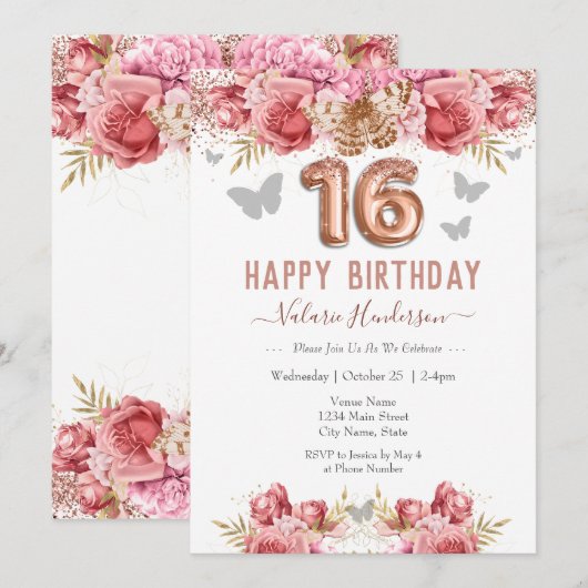Floral Butterflies Pink Happy 16th Birthday (Voorkant / Achterkant)