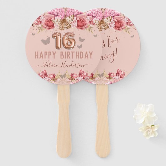 Floral Butterflies Pink Happy 16th Birthday Handwaaier (Voorkant en achterkant)