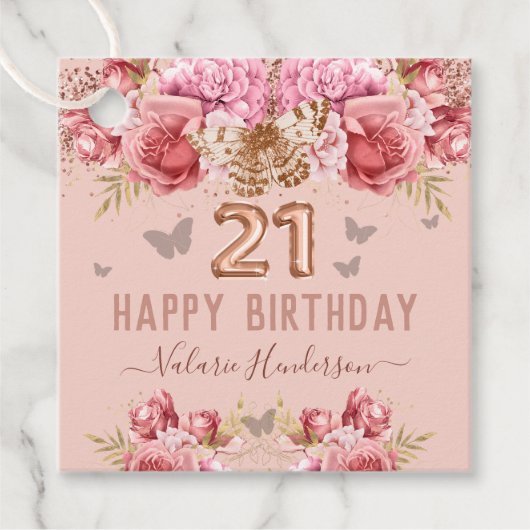 Floral Butterflies Pink Happy 21ste verjaardag Bedankjes Labels (Voorkant)