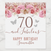 Floral Butterflies Pink Happy 70th Birthday Wijn Etiket (Enkel label)
