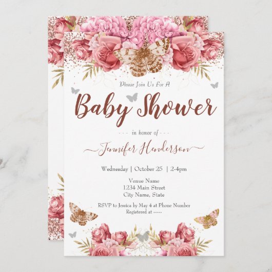 Floral Butterflies Roze Baby shower (Voorkant / Achterkant)