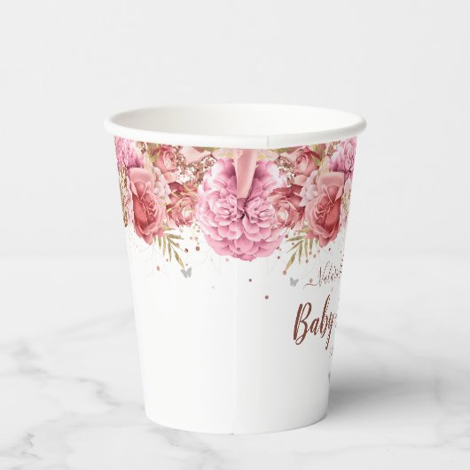Floral Butterflies Roze Baby shower Papieren Bekers (Rechts)