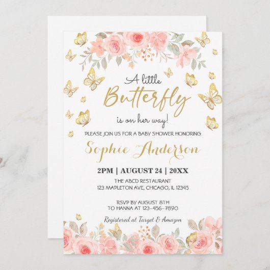 Floral Butterfly Blush roze Baby shower Gold Kaart (Voorkant / Achterkant)