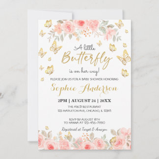 Floral Butterfly Blush roze Baby shower Gold Kaart