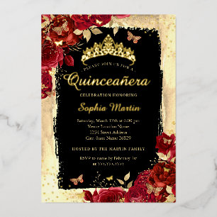 Floral Butterfly Gold Red Black Quinceanera Folie Uitnodiging