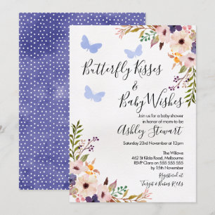Floral Butterfly Kisses Baby shower Invitation Boy Kaart