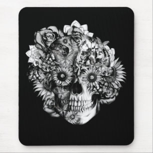 Floral Butterfly Ohm schedelillustratie in zwart Muismat