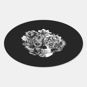 Floral Butterfly Ohm schedelillustratie in zwart Ovale Sticker